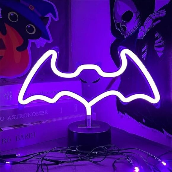 Purple Bat Neon Sign Base Halloween Decoration LED Bat Neon Light Signs Indoor - Picture 7 of 7